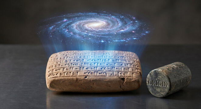 Ancient cuneiform tablet projecting a holographic galaxy map in a mysterious visionary mood with an &ldquo;ORIGIN&rdquo; seal against a studio-lit archaeological backdrop