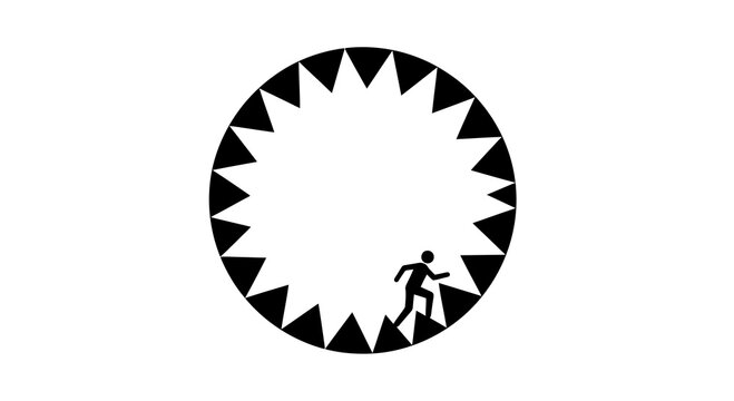 Minimalist black and white illustration of a person climbing a circular pattern of sharp triangles, abstract concept