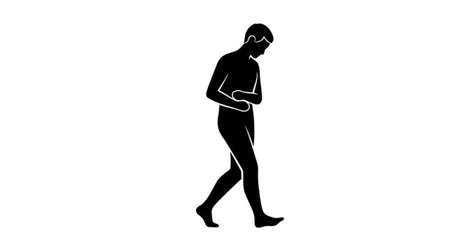 Silhouette of a person walking with a slight hunch, isolated on white background, minimalist design