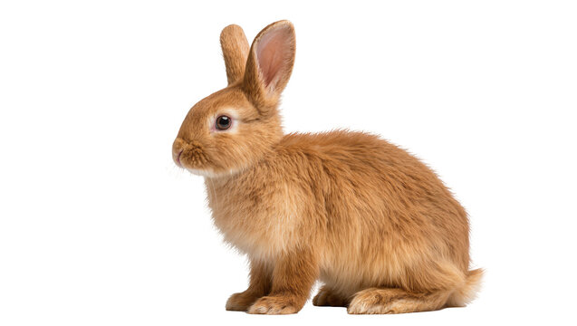 Fluffy ginger rabbit sitting, isolated on transparent background