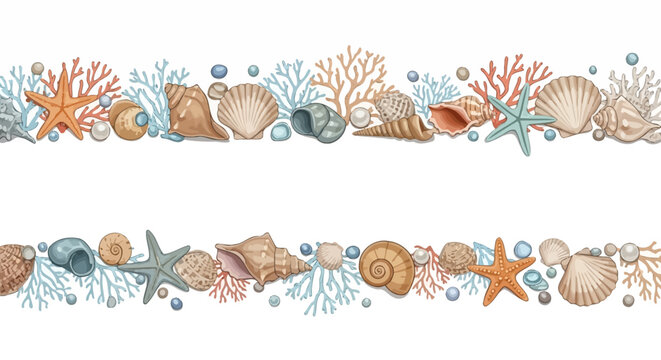 Decorative border with seashells, starfish, coral, and pearls.