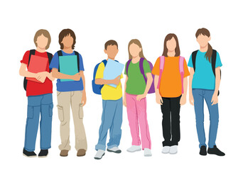 Obraz premium Group of diverse school children with backpacks holding books standing together vector illustration
