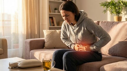 Fototapeta premium Female bladder inflammation: urinary tract, pelvic discomfort, internal ache, abdomen hurt, health trouble, person suffer, body spasm, painful urination, infection symptom, medical condition.
