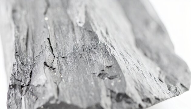 Detailed macro shot of natural black charcoal texture on a white background.