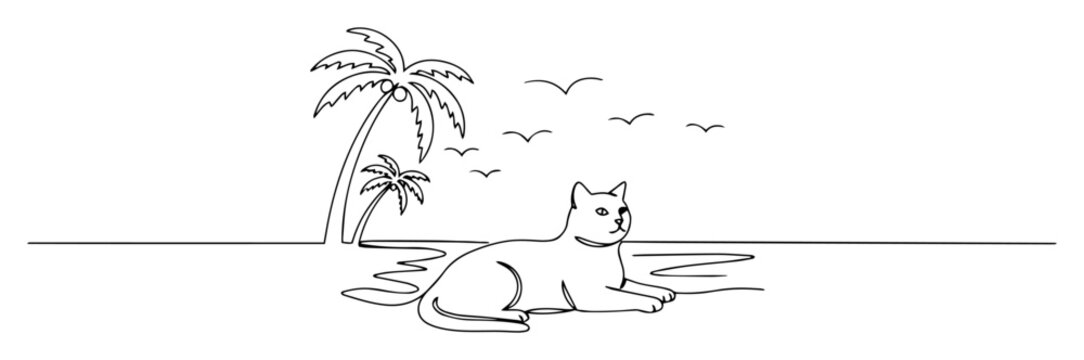 cat resting by the sea under palm tree