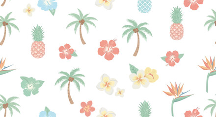 Tropical seamless pattern with Hawaiian flowers, palm trees, and pineapples © Sendang