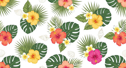 Vibrant tropical seamless pattern with hibiscus, plumeria flowers, and palm leaves. © Sendang