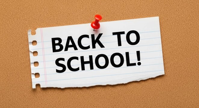 Back to school concept torn paper note with red push pin on corkboard