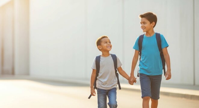 Two boys with backpacks walking to school on a sunny day smiling and holding hands back to school