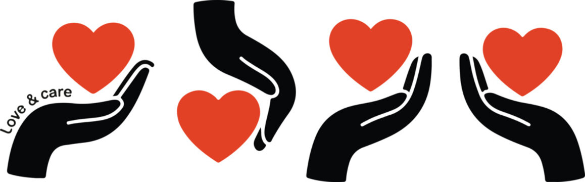 Set of black hands holding red heart icons representing love and care concepts