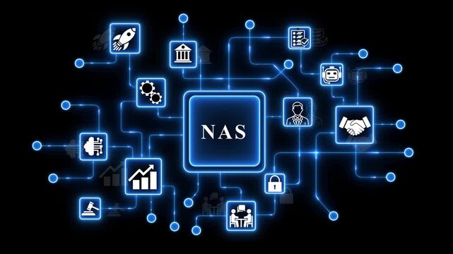 Network Attached Storage N A S System and Symbols on a Global Connectivity Background data storage cloud computing.4k animation video..