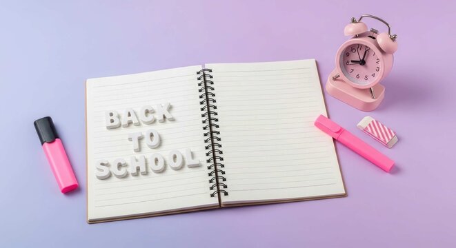 Back to school supplies notebook pen alarm clock on lilac background study time concept