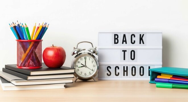 Back to school essentials books pencils and alarm clock on a desk