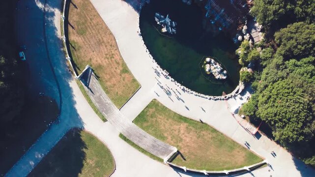 Detailed drone capture of cascading fountain at Caserta Royal Palace gardens