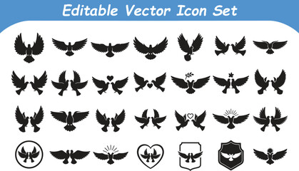 Fototapeta premium Set of flying dove silhouette vector icons for peace and love designs with silhouette, template