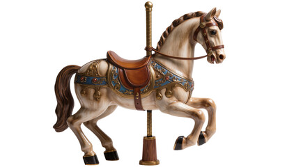 Ornate carousel horse with leather saddle and golden trim, isolated on transparent background © Iura