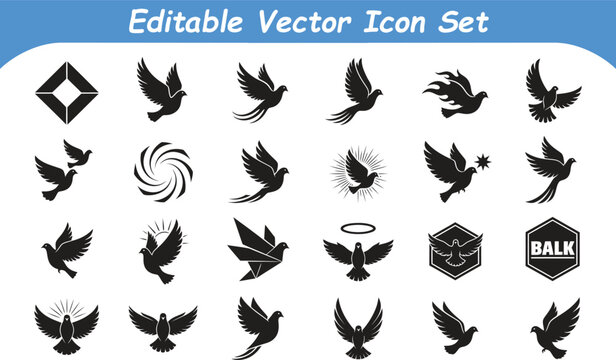 Black silhouette dove icon set featuring various flight poses silhouette collection abstract