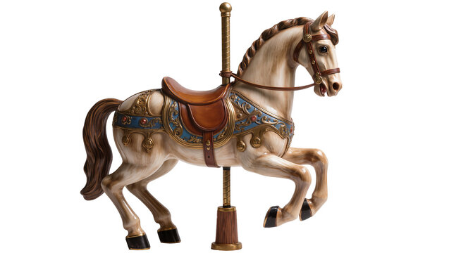 Ornate carousel horse with leather saddle and golden trim, isolated on transparent background