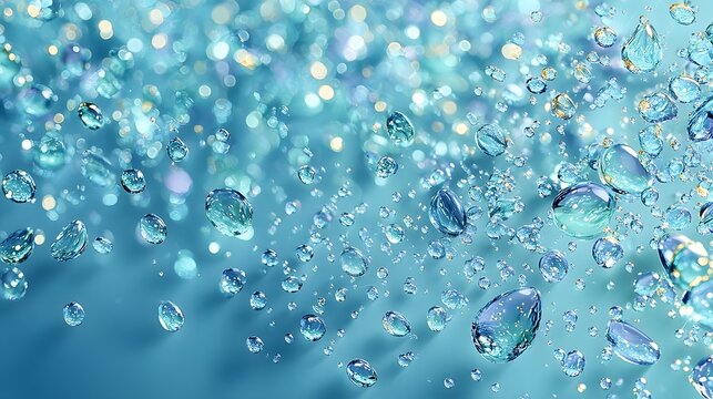 青い水滴がきらめく抽象背景、透明感のある爽やかなアート素材