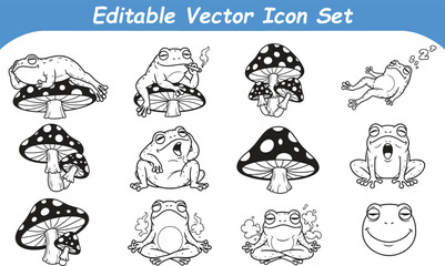 Fototapeta premium Cute cartoon frog and mushroom vector icon collection in line art with mushroom toadstool elements