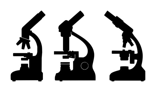 Microscope set with solid black icon and white background featuring laboratory equipment, clinical microscopy, microscope illustration with minimalist style and vector graphics