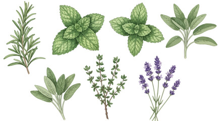 A vibrant collection of fresh culinary and aromatic herbs on a white background. © Sendang
