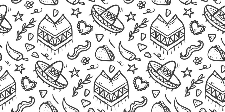 Mexico culture doodle background. Mexican party pattern background. Mexico cultural identity seamless pattern. Fiesta celebration hand drawn pattern with Sombrero hat, taco, Poncho, chili, mustache.