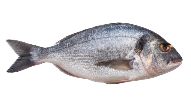 Whole raw sea bream fish with silver scales, isolated on transparent background