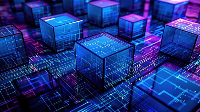 Neon glass cubes over a glowing circuit grid with blue, cyan and magenta lights, futuristic technology background for data, blockchain and digital systems.