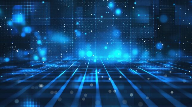 Blue digital grid stage with glowing squares, floating particles and soft futuristic depth, abstract technology background for interfaces, data and presentations.