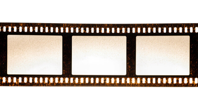 Vintage film strip with three blank frames, isolated on transparent background