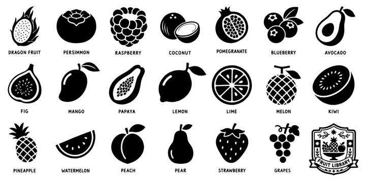 フルーツシルエットアイコンセット、果物コレクション／Fruit Silhouette Icon Set, Fruit Collection