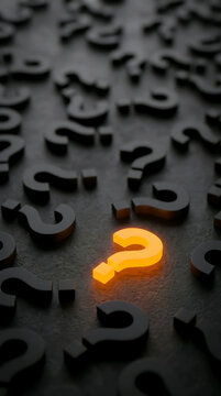 Single Glowing Orange Question Mark Standing Out Among Black Question Marks on Dark Textured Background

