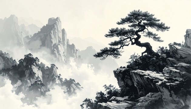 A minimalist Chinese ink wash painting
featuring a gnarled pine tree on a cliff
with extensive negative space for
desktop icons.
