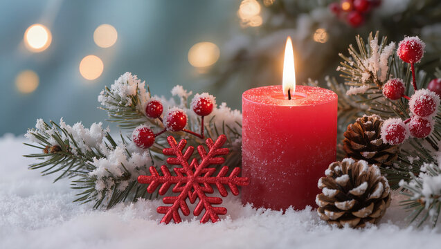 A lit red candle surrounded by snowy pine branches, holly, and decorations on a winter surface