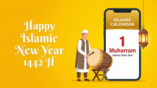 Islamic New Year 1447 AH Muharram Celebration with Calendar Smartphone and Traditional Drum on Yellow Background