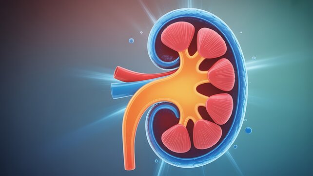 Human kidney anatomy with blood vessels and ureter  detailed medical illustration