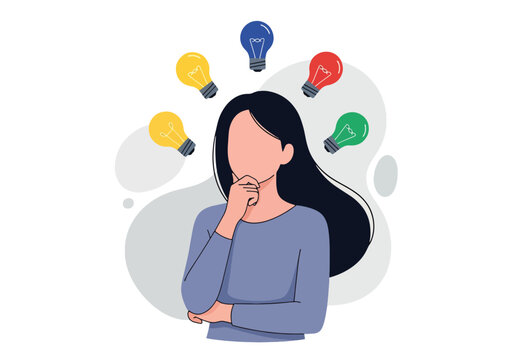 Creative thinker surrounded by light bulbs representing innovation, problem solving, idea generation, entrepreneurship, and strategic thinking in creative industries