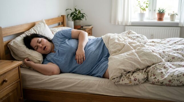 Overweight woman sleeping and snoring in a cozy bed at home