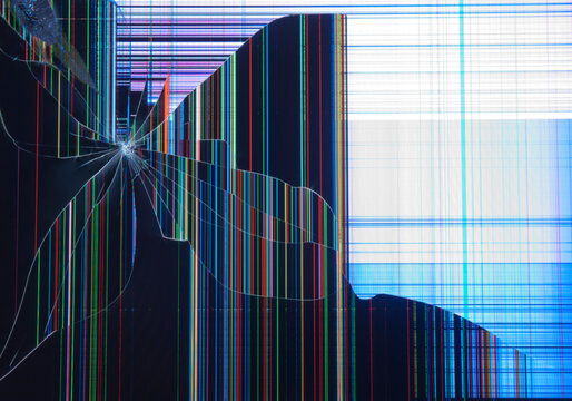 Glitchy digital screen with distorted colorful lines and cracked display
