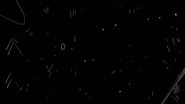 White lines with holes on a black background. Stock video with scratches and punctures in 4K with alpha channel. Hole punch and pierced dots concept with scratches.