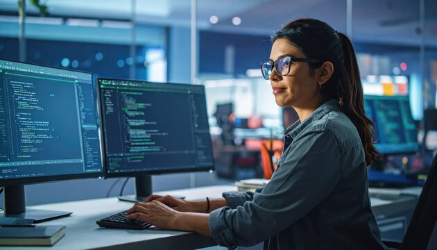 Young woman programmer working on computer code in modern office setting.