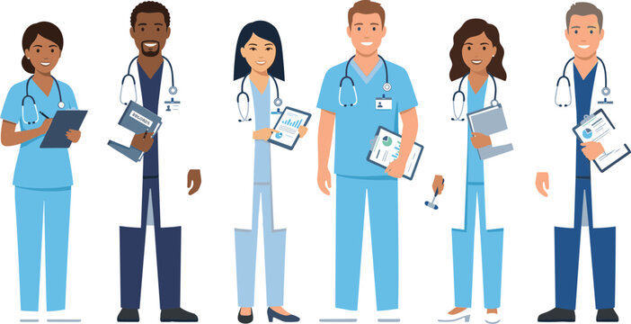 Diverse group of medical professionals and doctors standing together.