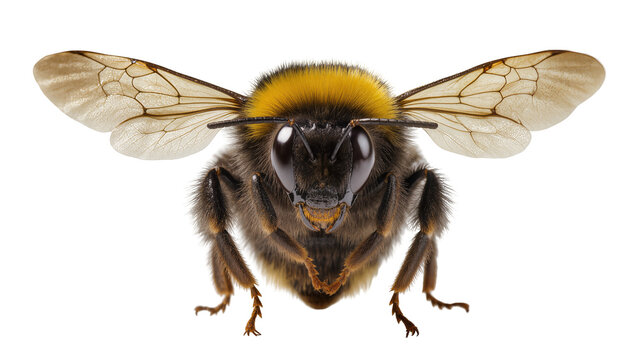 Fluffy bumblebee with detailed wings, isolated on transparent background