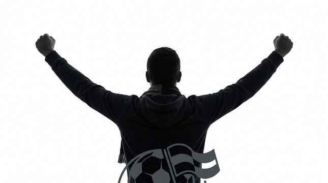 Silhouette of a triumphant person with arms raised in celebration, perhaps a sports victory or achievement