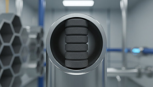 Uranium dioxide ceramic fuel pellets inside zirconium nuclear reactor tube