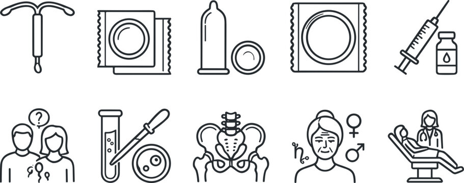 Set of line icons representing reproductive health and contraception methods.
