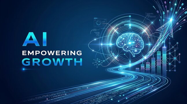 AI empowering growth technology vector banner with futuristic arrow and business graph on dark blue background. Modern AI innovation presentation template with glowing digital style new