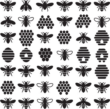 A repeating pattern of black bee and honeycomb hive icons creates a busy insect themed visual