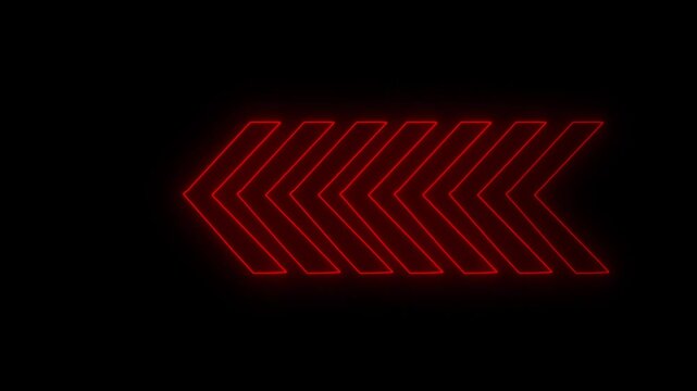 Abstract neon flashing light back arrow loading animation. Left arrow for road direction. neon arrow moving left on black background.